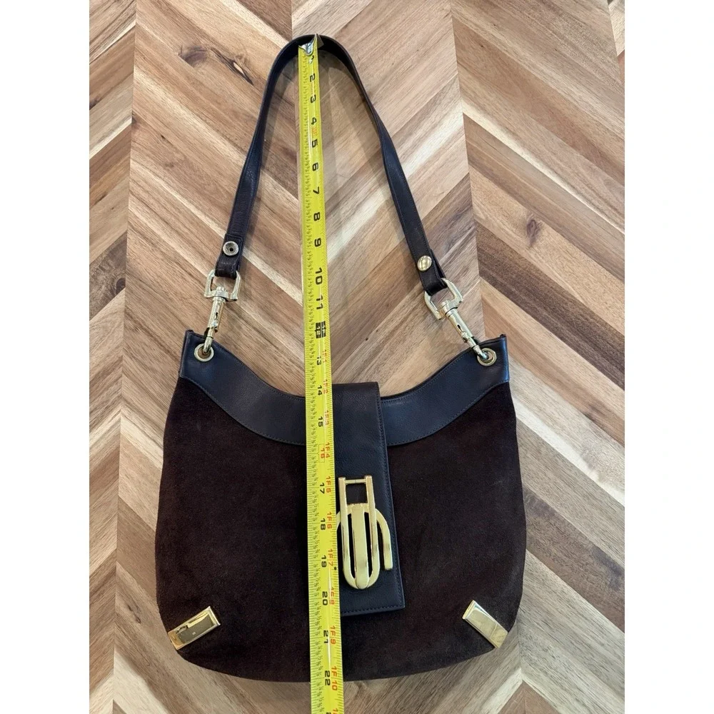 Vintage Susan Gail Brown Suede Hobo Shoulder Bag Purse Crescent Gold Hardware